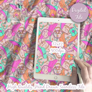 May include: A seamless digital pattern featuring pink and turquoise cowboy hats, boots, and lasso ropes on a light pink background. The pattern is 12x12 inches and 300 dpi.  The text "Digital File" and "High Quality, Hand Drawn Seamless File" are also included in the image.
