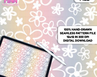 May include: A digital illustration featuring a tablet with a floral pattern and a stylus. The background is a repeating pattern of white flowers on a pastel rainbow gradient. Text on the image reads "DIGITAL FILE" and "100% HAND-DRAWN SEAMLESS PATTERN FILE 12x12 IN 300 DPI DIGITAL DOWNLOAD."