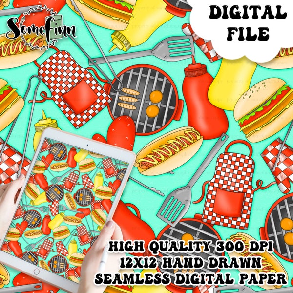 BBQ Seamless Digital Paper - Seamless 4th of July Pattern, Patriotic Fabric, picnic barbecue summer Printable Scrapbook paper download, Neon