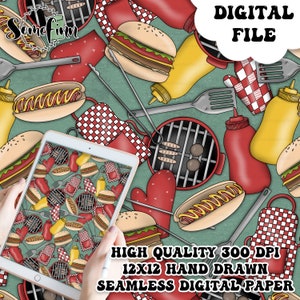 May include: A seamless digital paper pattern featuring a green background with red, yellow, and white illustrations of hot dogs, hamburgers, grilling tools, and red and white checkered oven mitts. The text "DIGITAL FILE" is in the upper right corner of the image. The text "HIGH QUALITY 300 DPI 12X12 HAND DRAWN SEAMLESS DIGITAL PAPER" is at the bottom of the image.