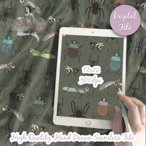 May include: A seamless digital pattern featuring a variety of hand-drawn insects on a green background. The insects include beetles, spiders, ants, grasshoppers, and bees. The pattern is 12 inches by 12 inches and 300 dpi.