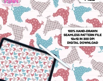 Chicken Seamless Pattern Repeating Fabric Design Farm Animal Digital Paper PNG JPG Hand Drawn Hen Rooster for Kids Sewing Crafts