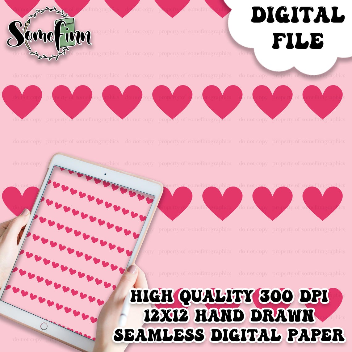 Pink Hearts Digital Paper - Seamless Simple Pattern, Custom Heart Cute ...