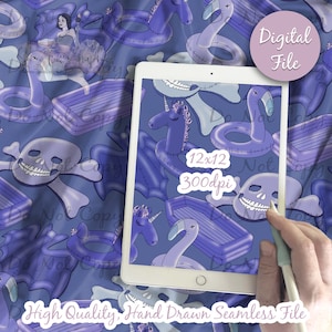 May include: A seamless digital pattern featuring a repeating design of purple and white skull and crossbones, unicorns, flamingos, and pool floats. The pattern is 12x12 inches and 300dpi.