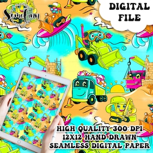 May include: A seamless digital paper pattern featuring cartoon construction vehicles in a beach setting. The pattern includes a yellow excavator, a green bulldozer, a blue dumper truck, and a pink crane. The background is a bright blue and orange colour with waves, sand, and palm trees.