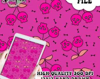 May include: A seamless digital paper pattern featuring pink cherries with skull faces on a bright pink background.  The pattern also includes black bones and white hearts.