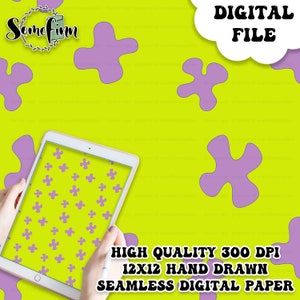 Puede incluir: Un diseño de papel digital con un patrón sin costuras de diseños de flores de color púrpura, dibujados a mano, sobre un fondo amarillo brillante. El texto "DIGITAL FILE" está en la esquina superior derecha de la imagen. El texto "HIGH QUALITY 300 DPI 12X12 HAND DRAWN SEAMLESS DIGITAL PAPER" está en la parte inferior de la imagen.