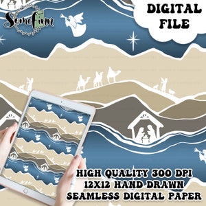 May include: A digital paper featuring a seamless pattern of a nativity scene with a blue and brown color scheme. The pattern includes a star, angels, and three wise men riding camels. The text "DIGITAL FILE" and "HIGH QUALITY 300 DPI 12X12 HAND DRAWN SEAMLESS DIGITAL PAPER" is also included in the image.