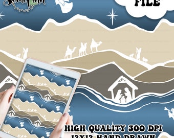 May include: A digital paper featuring a seamless pattern of a nativity scene with a blue and brown color scheme. The pattern includes a star, angels, and three wise men riding camels. The text "DIGITAL FILE" and "HIGH QUALITY 300 DPI 12X12 HAND DRAWN SEAMLESS DIGITAL PAPER" is also included in the image.
