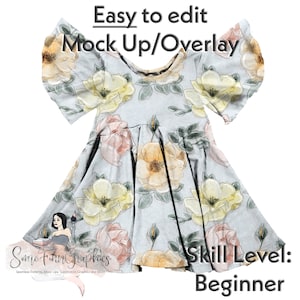 Puede incluir: Una maqueta digital de un vestido azul claro con un patrón floral. El vestido tiene un escote redondo y mangas cortas. El patrón floral presenta rosas amarillas, rosas y verdes en acuarela. El texto "Easy to edit Mock Up/Overlay" y "Skill Level: Beginner" es visible en la imagen.