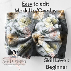 Peut inclure: Un bandeau gris clair avec un motif floral de roses jaunes, roses et vertes. Le bandeau est noué en un nœud. Le texte "Easy to edit Mock Up/Overlay" est en haut de l'image. Le texte "Some Finn Graphics" est en bas de l'image. Le texte "Skill Level: Beginner" est en bas à droite de l'image.