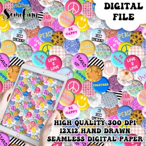 Puede incluir: Un archivo digital que presenta un patrón sin costuras y colorido de diseños circulares con mensajes positivos como "Paz", "Amor" y "Sé feliz". El diseño incluye caras sonrientes, flores y símbolos de la paz. El texto "ARCHIVO DIGITAL" está en la parte superior.