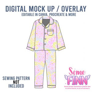 Peut inclure: Maquette numérique d'un ensemble de pyjama à motifs floraux roses, jaunes et bleus. Le haut à manches longues a une poche et des boutons. Le texte "DIGITAL MOCK UP / OVERLAY" et "EDITABLE IN CANVA, PROCREATE & MORE" sont visibles.