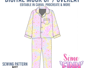 May include: A digital mock-up of a pajama set with a floral pattern in pink, yellow, and blue. The long-sleeved top has a pocket and buttons. The text "DIGITAL MOCK UP / OVERLAY" and "EDITABLE IN CANVA, PROCREATE & MORE" are visible.