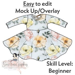 May include: A digital mock-up of a light blue dress with a floral pattern. The dress has long sleeves and a crossover back. The text "Easy to edit Mock Up/Overlay" is at the top of the image. The text "Some Finn Graphics" is at the bottom left of the image. The text "Skill Level: Beginner" is at the bottom right of the image.