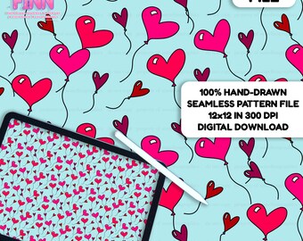May include: A digital file featuring a hand-drawn seamless pattern of pink and red heart-shaped balloons on a light blue background. The pattern is displayed on a tablet with a stylus, and the file is 12x12 inches at 300 DPI.