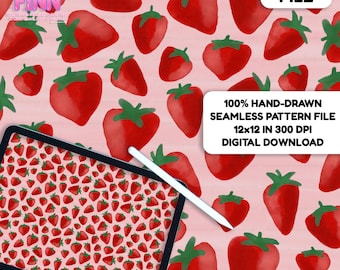 Watercolor Strawberry Seamless Pattern, Sweet Summer Fruit Digital Fabric Design PNG