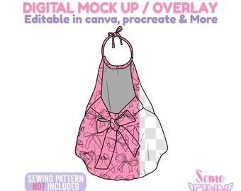 May include: A pink halter top design with a bow detail, featuring a polka dot and bow pattern. The image includes text that reads "DIGITAL MOCK UP / OVERLAY" and "SEWING PATTERN NOT INCLUDED". The design is for digital use.