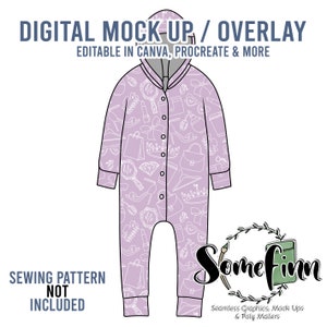 May include: A digital mock-up of a purple hooded onesie with a white outline of various fashion accessories. The text "DIGITAL MOCK-UP / OVERLAY" is at the top of the image. The text "EDITABLE IN CANVA, PROCREATE & MORE" is below the first line of text. The text "SEWING PATTERN NOT INCLUDED" is at the bottom left of the image. The text "Some finn Seamless Graphics, Mock Ups & Poly Mailers" is at the bottom right of the image.