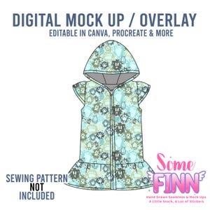 May include: Digital mock-up of a hooded vest with a zipper, featuring a pattern of animal footprints in shades of blue, green, and gray. The text "DIGITAL MOCK UP / OVERLAY" and "EDITABLE IN CANVA, PROCREATE & MORE" are displayed at the top. The text "SEWING PATTERN NOT INCLUDED" is at the bottom.