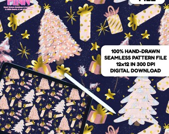 May include: A digital seamless pattern file featuring pink Christmas trees, gold gift boxes, and yellow stars on a dark blue background. The image includes text: Some FINN, DIGITAL FILE, and 100% HAND-DRAWN SEAMLESS PATTERN FILE 12x12 IN 300 DPI DIGITAL DOWNLOAD.