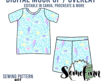 May include: Digital mock-up of a blue t-shirt and shorts with a colorful pattern of rainbows, lightning bolts, hearts, and stars. The text "DIGITAL MOCK UP / OVERLAY" is at the top of the image. The text "EDITABLE IN CANVA, PROCREATE & MORE" is below the text "DIGITAL MOCK UP / OVERLAY". The text "SEWING PATTERN NOT INCLUDED" is at the bottom of the image. The text "Somefinn Seamless Graphics, Mock Ups & Poly Mailers" is at the bottom right of the image.