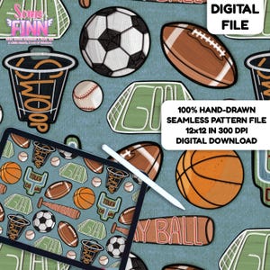 May include: A digital seamless pattern file featuring hand-drawn sports illustrations including soccer balls, basketballs, footballs, baseballs, basketball hoops with the text SWOOP, and goal posts with the text GOAL on a blue textured background.