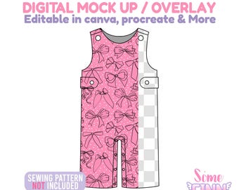 May include: A pink baby romper with a bow pattern and the text "DIGITAL MOCK UP / OVERLAY Editable in canva, procreate & More". The romper has a checkered pattern on the right side and the text "SEWING PATTERN NOT INCLUDED".