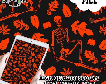 Skeletons Digital Paper - Seamless Skull Skeleton Pattern, Halloween Autumn Leave Fabric Design, Printable Scrapbook paper download, Red