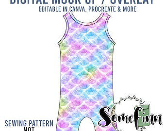 May include: Digital mock-up of a sleeveless, one-piece garment with a mermaid scale pattern in shades of blue, pink, and green. The text "DIGITAL MOCK UP / OVERLAY" is at the top of the image, and the text "SEWING PATTERN NOT INCLUDED" is at the bottom left. The text "Somefinn" is at the bottom right, with the text "Seamless Graphics, Mock Ups & Poly Mailers" below it.