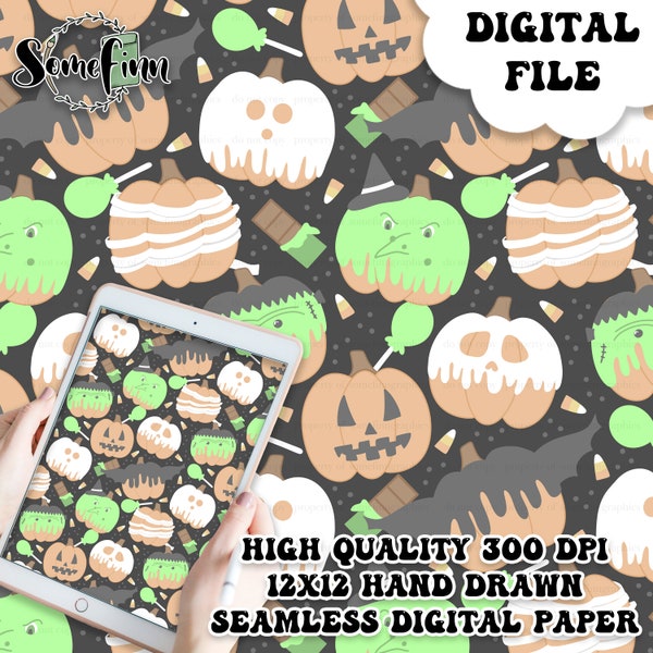 Halloween Costume Pumpkins Digital Paper, Seamless Halloween Pattern, Ghost Skull Fabric, October Spooky, Digital Printable Scrapbook paper