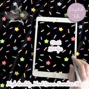May include: A digital seamless pattern featuring a black background with colorful sprinkles and stars. The pattern is 12x12 inches and 300 dpi. The text "Digital File" is in a purple box in the upper right corner of the image.