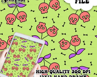 May include: A digital paper design featuring a repeating pattern of red cherries with skull faces on a lime green background with black bones. The text "DIGITAL FILE" is in the upper right corner of the image. The text "HIGH QUALITY 300 DPI 12X12 HAND DRAWN SEAMLESS DIGITAL PAPER" is in the lower right corner of the image.