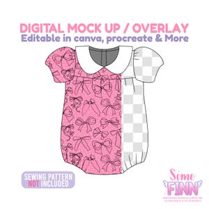 Op de afbeelding: Digitale mock-up van een roze babyromper met een strikpatroon, witte kraag en grijze halslijn. De tekst "DIGITAL MOCK UP / OVERLAY" en "Editable in canva, procreate & More" staan bovenaan. De tekst "SEWING PATTERN NOT INCLUDED" staat onderaan.