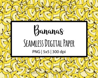 May include: A seamless digital paper pattern featuring a repeating design of yellow bananas on a light yellow background. The text "Bananas Seamless Digital Paper PNG | 5x5 | 300 dpi" is displayed in a white box.