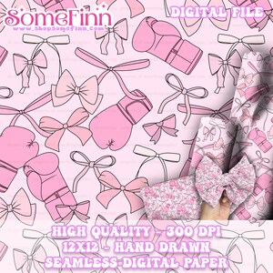 May include: A seamless digital paper pattern featuring pink boxing gloves and bows on a light pink background. The pattern is 12 inches by 12 inches and 300 DPI. The text "SomeFinn" and "www.shopsomefinn.com" is at the top of the image. The text "DIGITAL FILE" is at the top right of the image. The text "HIGH QUALITY - 300 DPI" is at the bottom of the image. The text "12X12 - HAND DRAWN" is at the bottom of the image. The text "SEAMLESS DIGITAL PAPER" is at the bottom of the image.