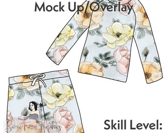 May include: A digital mock-up of a long-sleeved shirt and shorts with a floral pattern. The shirt has a crew neck and raglan sleeves. The shorts have a drawstring waist. The background is light blue. The text "Easy to edit Mock Up/Overlay" is at the top of the image. The text "Skill Level: Beginner" is at the bottom of the image.