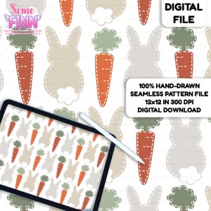 May include: A digital file with a repeating pattern of orange carrots with green tops and beige bunny silhouettes on a white background. The image includes the text "DIGITAL FILE" and "100% HAND-DRAWN SEAMLESS PATTERN FILE 12x12 IN 300 DPI DIGITAL DOWNLOAD".