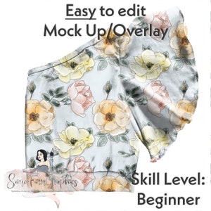 May include: A digital mock-up of a one-shoulder top with a floral print. The print features yellow, pink, and green watercolor roses on a light blue background. The text "Easy to edit Mock Up/Overlay" and "Skill Level: Beginner" is visible in the image.