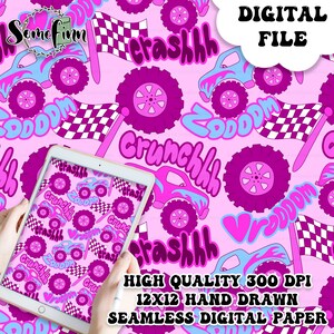 May include: A seamless digital paper pattern featuring a pink and blue monster truck with checkered flags, hearts, and the words "crashhh", "crunchhh", and "zoom".
