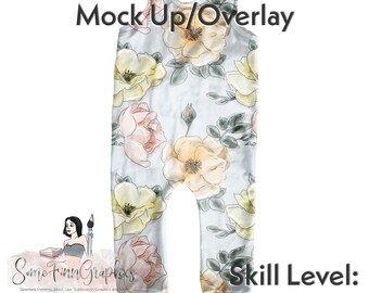 May include: A white baby onesie with a floral pattern featuring yellow, pink, and green watercolor roses. The onesie is a mock-up for sublimation printing and is easy to edit. The text "Skill Level: Beginner" is at the bottom of the image.
