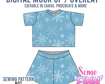 May include: A digital mock-up of a light blue t-shirt and shorts set with a white snowflake pattern. The text "DIGITAL MOCK UP / OVERLAY" and "EDITABLE IN CANVA, PROCREATE & MORE" are at the top. The text "SEWING PATTERN NOT INCLUDED" is at the bottom.