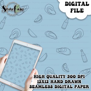 Oysters Digital Paper - Seamless Ocean Pattern, Oceanic Beach Fabric, Hot Sauce Lemon Oyster, Printable Seafood, Blue Scrapbook download