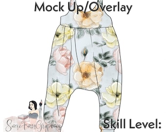 May include: A digital illustration of a light blue jumpsuit with a floral pattern. The jumpsuit has a scoop neck and thin straps. The floral pattern is in shades of yellow, pink, and green. The text "Easy to edit Mock Up/Overlay" is at the top of the image. The text "Skill Level: Beginner" is at the bottom of the image.
