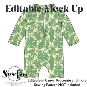 Puede incluir: Maqueta editable de un mono de manga larga con estampado tropical de hojas verdes y blancas con cremallera. El texto "Editable in Canva, Procreate and more" y "Sewing Pattern NOT Included" está en la parte inferior de la imagen.