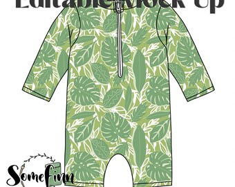 May include: Editable mock-up of a green and white tropical leaf print long-sleeve onesie with a zipper. The text "Editable in Canva, Procreate and more" and "Sewing Pattern NOT Included" is at the bottom of the image.