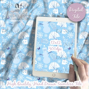 Muted Blue Winter Snowflake Digital Paper - Seamless Snow Tree Pattern, Snowman Fabric, Igloo Boy Girl Printable Scrapbook paper download