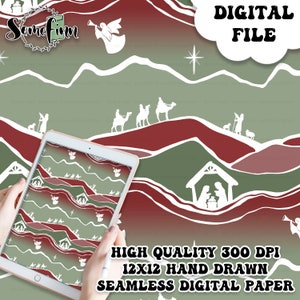 Op de afbeelding: Een digitaal papier met een naadloos patroon van een kerststal met een ster, engelen en drie wijzen op kamelen. De achtergrond is een gradiënt van groen en rood met witte golvende lijnen. De tekst "DIGITAL FILE" staat in een witte wolkvorm rechtsboven. De tekst "HIGH QUALITY 300 DPI 12X12 HAND DRAWN SEAMLESS DIGITAL PAPER" staat rechtsonder.