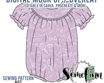 May include: A digital mock-up of a purple baby onesie with a white outline of a pattern of various items, including shoes, purses, and lipstick. The text "DIGITAL MOCK UP/OVERLAY" is at the top of the image. The text "EDITABLE IN CANVA, PROCREATE & MORE" is below the text "DIGITAL MOCK UP/OVERLAY". The text "SEWING PATTERN NOT INCLUDED" is at the bottom left of the image. The text "Somefinn" is at the bottom right of the image. The text "Seamless Graphics, Mock Ups & Poly Mailers" is below the text "Somefinn".
