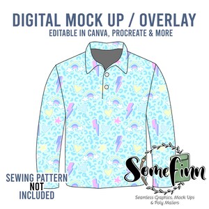 May include: A digital mock-up of a long-sleeved polo shirt with a light blue background and a colorful pattern of rainbows, hearts, stars, and lightning bolts. The text "DIGITAL MOCK UP / OVERLAY" is at the top of the image, and the text "EDITABLE IN CANVA, PROCREATE & MORE" is below it. The text "SEWING PATTERN NOT INCLUDED" is at the bottom left of the image. The text "Some finn" is at the bottom right of the image, along with the text "Seamless Graphics, Mock Ups & Poly Mailers".